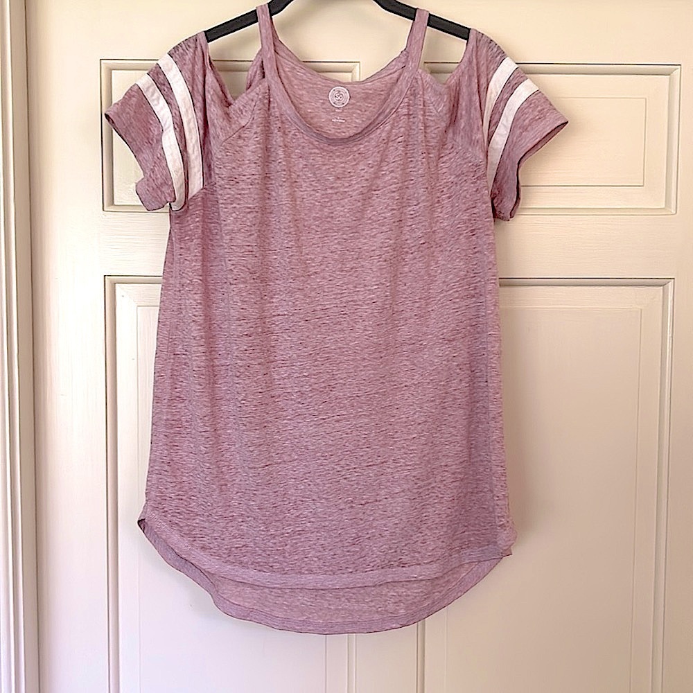 Woman’s Sporty White Stripes Pink Shirt NWOT Never Worn Size L Cut Out Straps